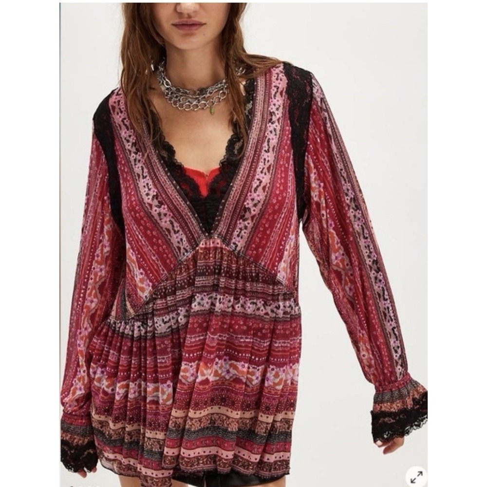 Free People Natalie Boho Printed Long Sleeve Top in Plum Red Lace Black Sm
